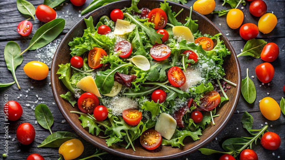 Fresh mixed greens topped with crisp vegetables, plump cherry tomatoes, and shaved parmesan cheese, arranged artfully Fresh mixed greens topped with crisp vegetables, plump cherry tomatoes, and shaved parmesan cheese, arranged artfully