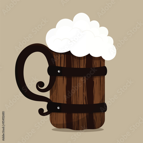 Old beer mug with foam. Vector barrel of beer in flat style. Oktoberfest in Munich.