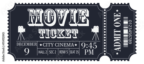 Vintage ticket template in a dark background. Admit one movie ticket. For cinemas, parties, clubs, concerts, theatre and other retro events. Vector vintage ticket.