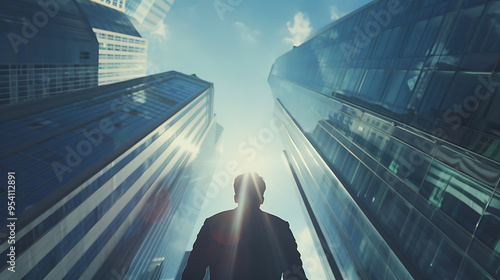 a person standing and looking up at tall glass buildings under a clear sky with the sun shining brightly. The person appears to be wearing business attire