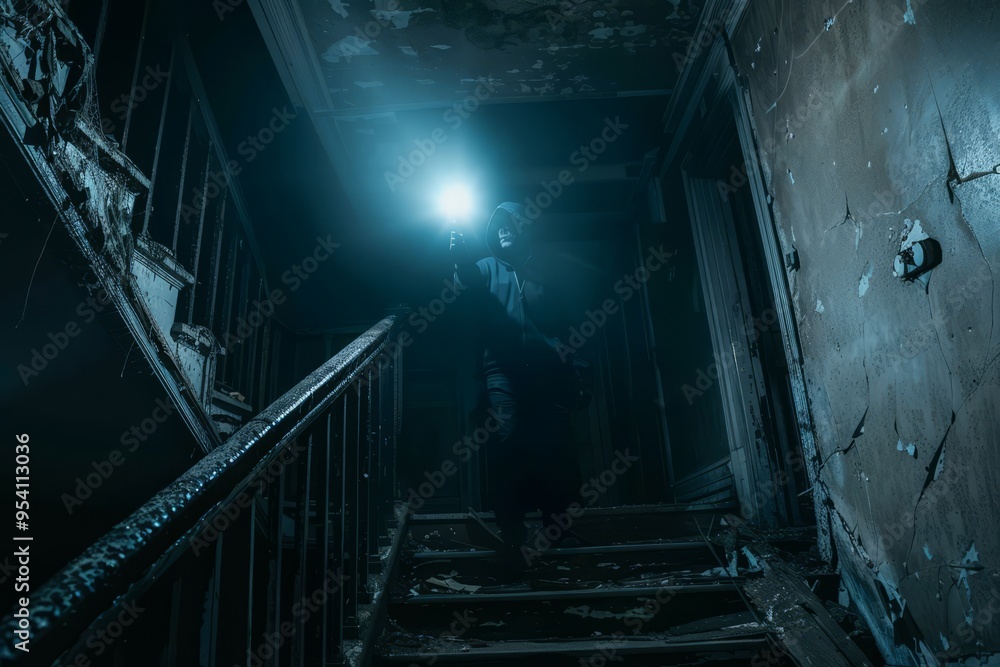 A lone figure navigates a dimly lit staircase in an abandoned structure, illuminating the peeling walls and debris with a flashlight, revealing a haunting atmosphere A lone figure navigates a dimly lit staircase in an abandoned structure, illuminating the peeling walls and debris with a flashlight, revealing a haunting atmosphere