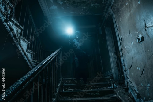 A lone figure navigates a dimly lit staircase in an abandoned structure, illuminating the peeling walls and debris with a flashlight, revealing a haunting atmosphere photo