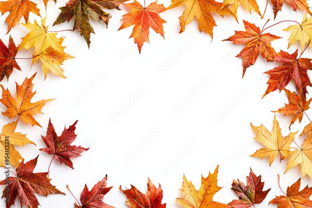 Autumn Maple Leaves Flat Lay White Background created with Generative AI Autumn Maple Leaves Flat Lay White Background created with Generative AI