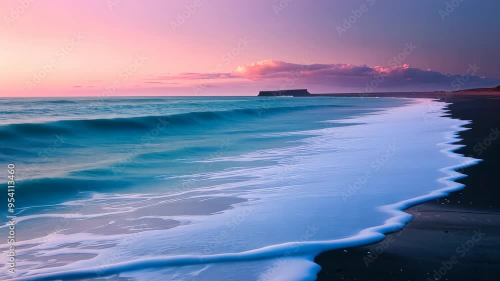 Coastal sunset with ocean waves and distant island, tranquil landscape. Serenity and nature concept Coastal sunset with ocean waves and distant island, tranquil landscape. Serenity and nature concept