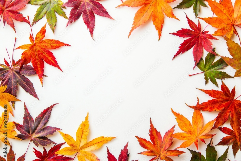 Autumn Maple Leaves Flat Lay White Background created with Generative AI Autumn Maple Leaves Flat Lay White Background created with Generative AI