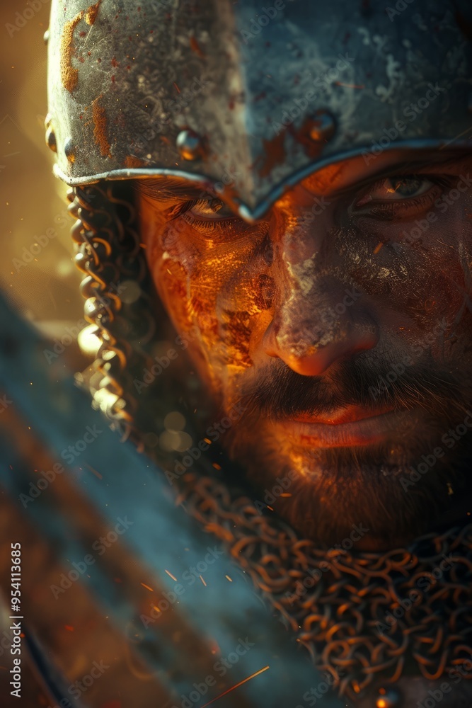 Draped in armor, a fierce warrior stares intently ahead, his face stained from the battlefield, reflecting a mix of grit and determination beneath a glinting helmet Draped in armor, a fierce warrior stares intently ahead, his face stained from the battlefield, reflecting a mix of grit and determination beneath a glinting helmet
