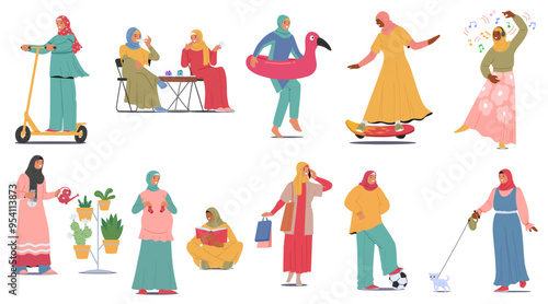 Muslim Women Participating In Lifestyle Activities. Characters Riding A Scooter, Skating, Watering Plants, Shopping
