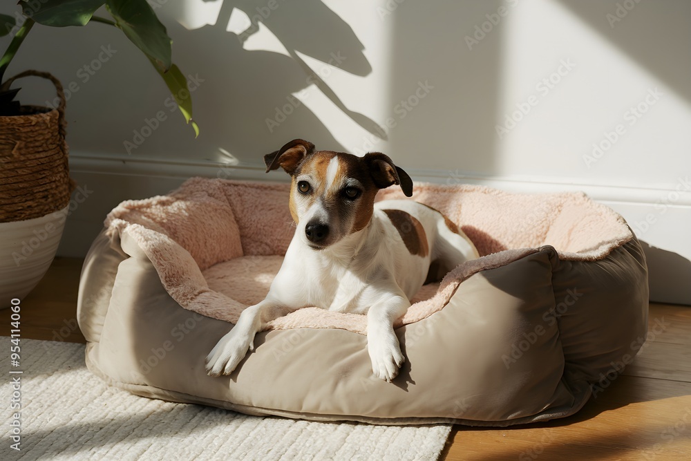 Obraz premium Jack Russell Terrier rests on soft bed, enjoying warmth in sunlit spot