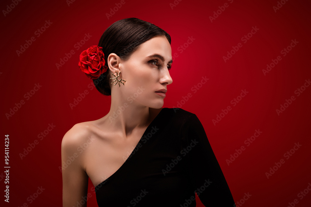 Photo of passionate girl wear spanish dance national outfit look profile side empty space red background Photo of passionate girl wear spanish dance national outfit look profile side empty space red background