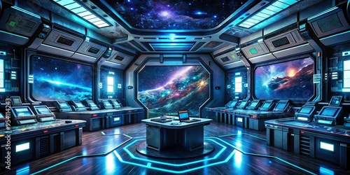 Futuristic chamber filled with holographic screens, neon-lit consoles, and sleek metallic machinery, surrounded by a