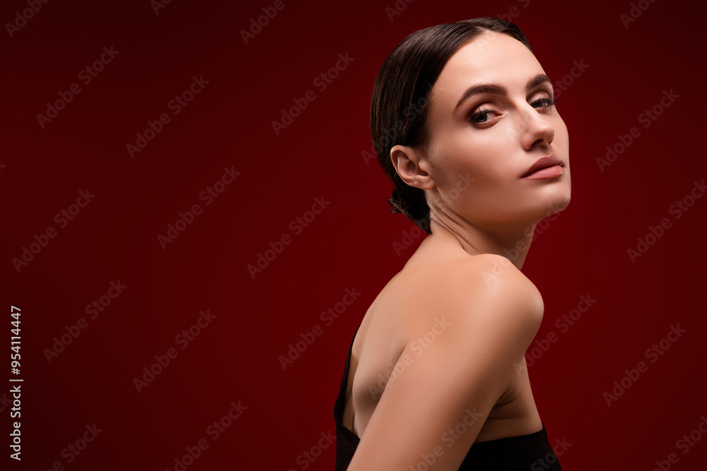 Photo of stunning chic lady look posing wear black outfit near red color empty space background Photo of stunning chic lady look posing wear black outfit near red color empty space background