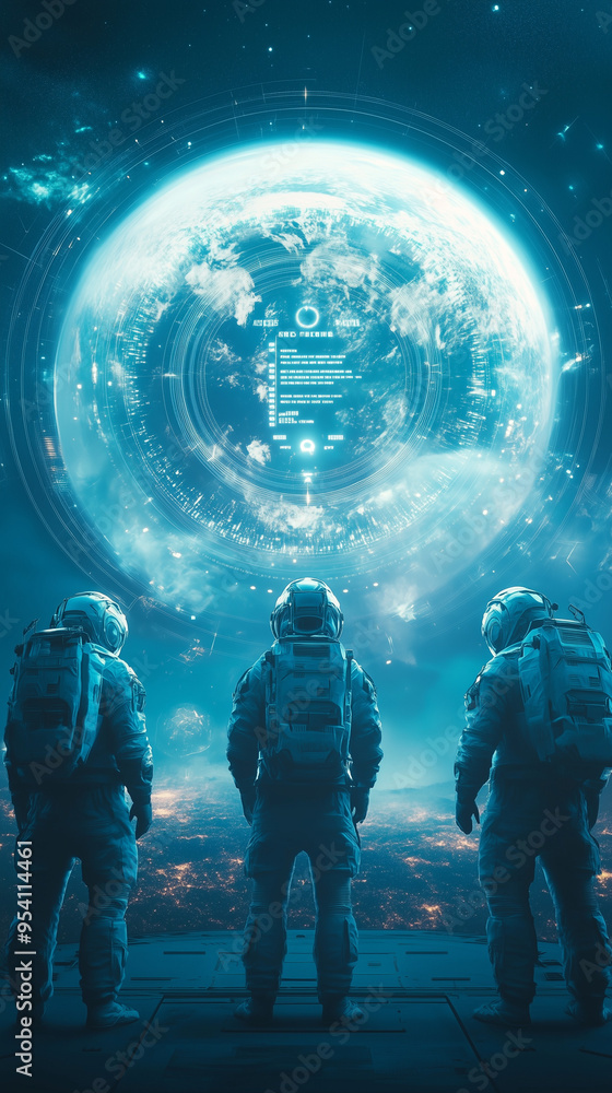 Three astronauts facing a high-tech interface displaying planetary data Three astronauts facing a high-tech interface displaying planetary data