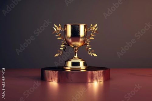 Golden winner's cup on a brown and burgundy background photo