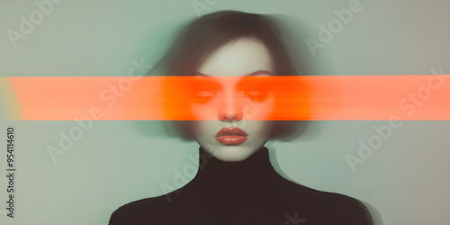 Abstract portrait of a girl with a bob in a black turtleneck, with an orange crossed out line on her face, a red ribbon on her face on top of the photo. On a light background photo