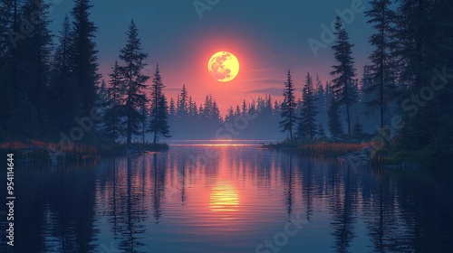  Full moon rising over water with trees in both foreground and background