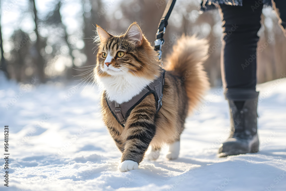 A fluffy cat wearing a harness walks confidently on a snowy path during a winter afternoon in a tranquil park surrounded by trees A fluffy cat wearing a harness walks confidently on a snowy path during a winter afternoon in a tranquil park surrounded by trees