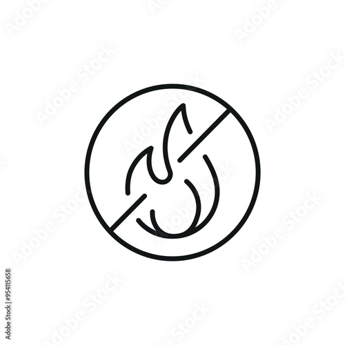 No fire icon. Simple icon depicting a flame with a diagonal line through it, symbolizing prohibition of fire, open flames. Suitable for social media, app, and web design. Vector illustration