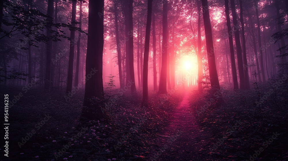 Fototapeta premium A path through the forest with sunlight filtering through the tree canopy