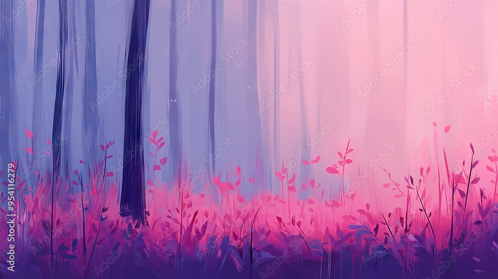 A painting depicts a pink and purple forest with tall grass and trees ...