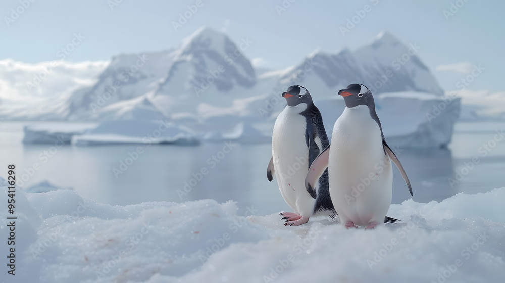Obraz premium Antarctic Penguins on Iceberg with Ice Floes | Majestic Wildlife Scene in Frozen Landscape