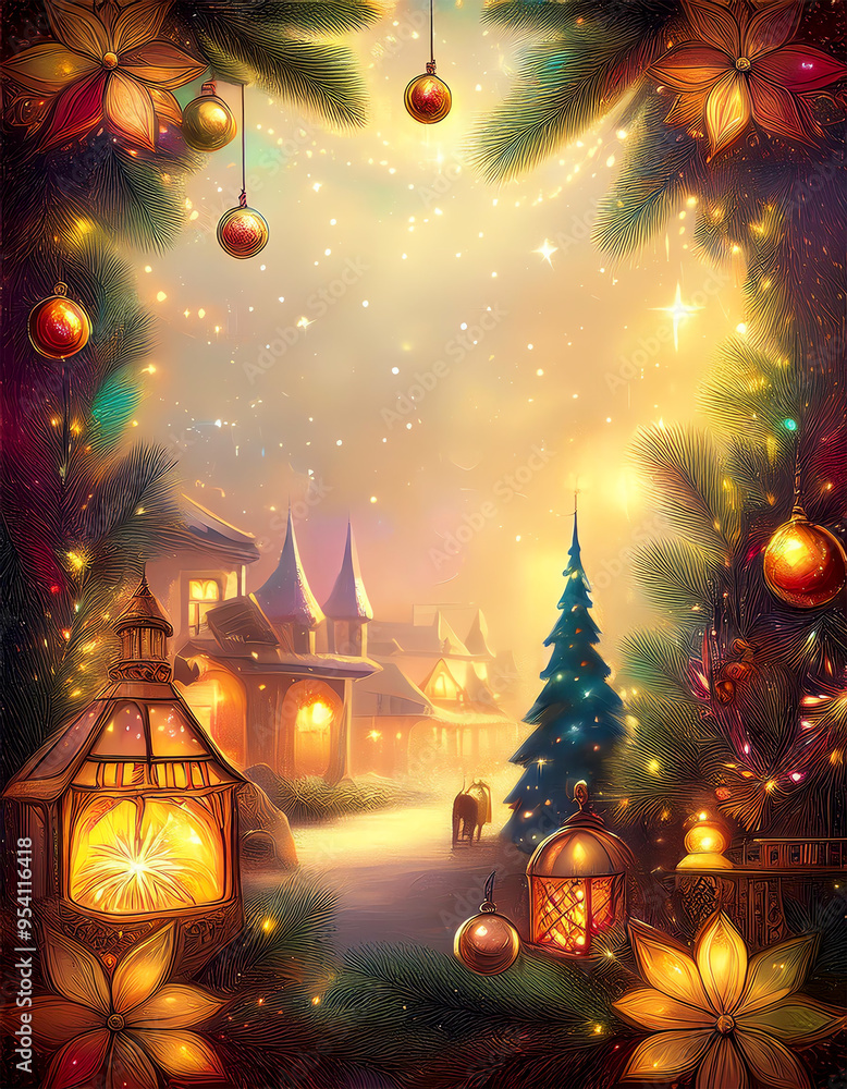 Christmas frames in different colors with Christmas tree balls, Christmas landscape, in a modern and romantic look Christmas frames in different colors with Christmas tree balls, Christmas landscape, in a modern and romantic look