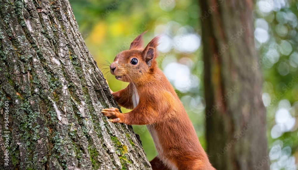 A squirrel searches for acorns and climbs up a tree. A squirrel searches for acorns and climbs up a tree.