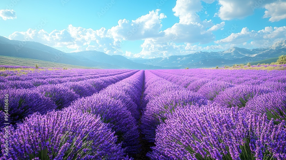 Obraz premium A sprawling meadow dotted with vibrant violets beneath a cerulean canopy and distant towering peaks