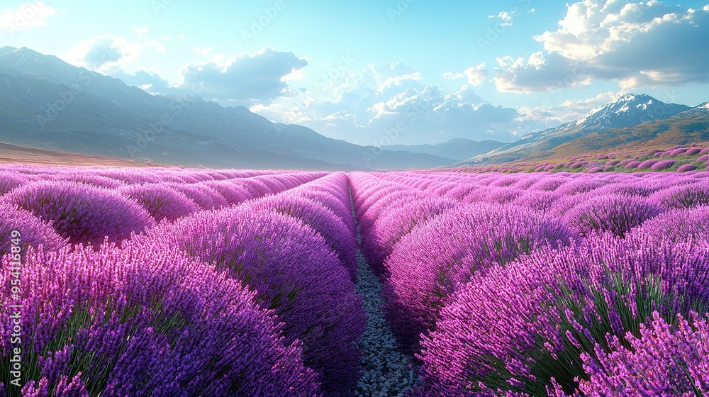 Obraz premium A field of vibrant purple flowers surrounded by towering mountains and fluffy white clouds in the backdrop