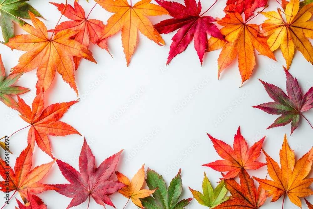 Autumn Maple Leaves Flat Lay White Background created with Generative AI Autumn Maple Leaves Flat Lay White Background created with Generative AI