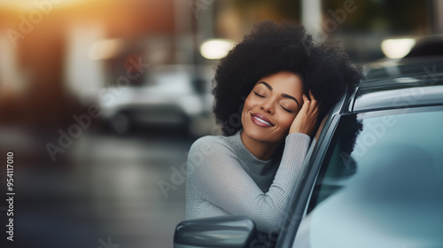 A professional Black woman with an impressive afro smiles with her eyes closed, resting her head on the hood of her beloved car, showing relaxed contentment and pride. photo