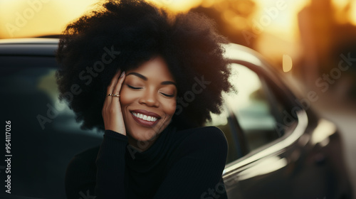 A professional Black woman with an impressive afro smiles with her eyes closed, resting her head on the hood of her beloved car, showing relaxed contentment and pride. photo