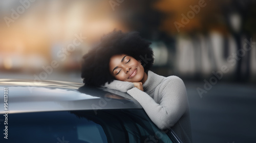 A professional Black woman with an impressive afro smiles with her eyes closed, resting her head on the hood of her beloved car, showing relaxed contentment and pride. photo