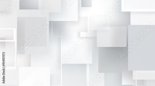 Abstract design featuring overlapping white and gray rectangles and squares.