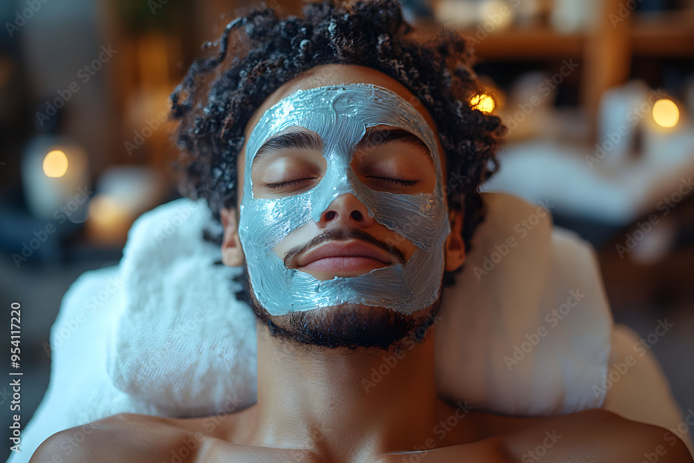 Young man enjoying a relaxing facial treatment at a spa during the evening, surrounded by soft candlelight and a tranquil atmosphere Young man enjoying a relaxing facial treatment at a spa during the evening, surrounded by soft candlelight and a tranquil atmosphere