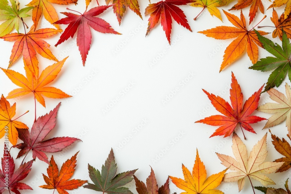 Autumn Maple Leaves Flat Lay White Background created with Generative AI Autumn Maple Leaves Flat Lay White Background created with Generative AI