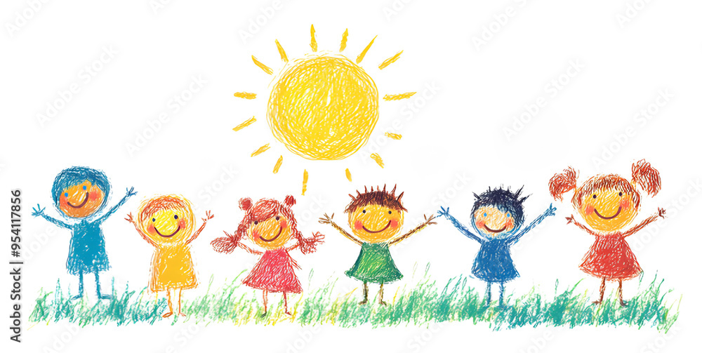 Cheerful children happily enjoying a sunny day outdoors, celebrating friendship and joy in a colorful creative illustration, ideal for educational materials or children's projects Cheerful children happily enjoying a sunny day outdoors, celebrating friendship and joy in a colorful creative illustration, ideal for educational materials or children's projects