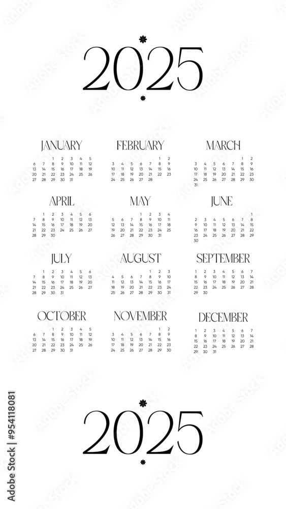 Vertical calendar of all the months 2025. with the year at the top and