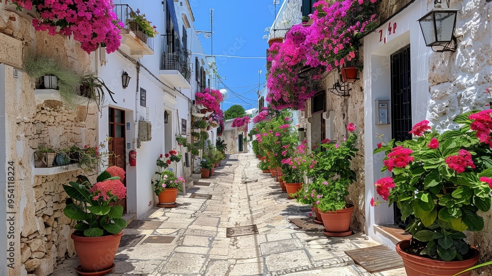 Naklejka premium Picturesque Mediterranean Street with Vibrant Flowers