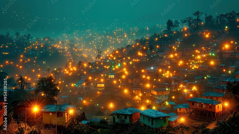 Fototapeta premium Nighttime View of a Hillside Village with Lights
