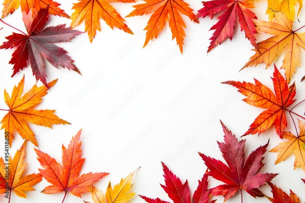Autumn Maple Leaves Flat Lay White Background created with Generative AI Autumn Maple Leaves Flat Lay White Background created with Generative AI