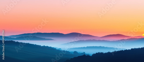 Wallpaper Mural Sunrise breaking through morning fog over rolling hills, foggy weather, peaceful dawn Torontodigital.ca