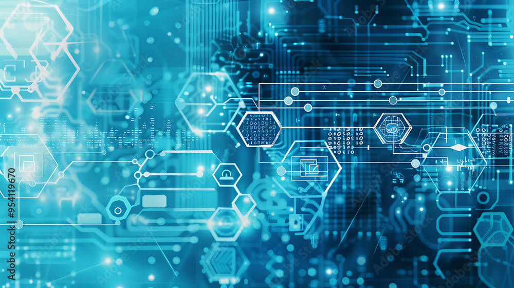 This image is a digital collage with a technology and data theme. It features translucent, overlapping hexagons displaying various technological and scientific symbols, such as circuit board patterns This image is a digital collage with a technology and data theme. It features translucent, overlapping hexagons displaying various technological and scientific symbols, such as circuit board patterns