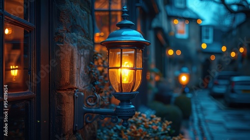 Illuminated Street Lamp on a Stone Wall