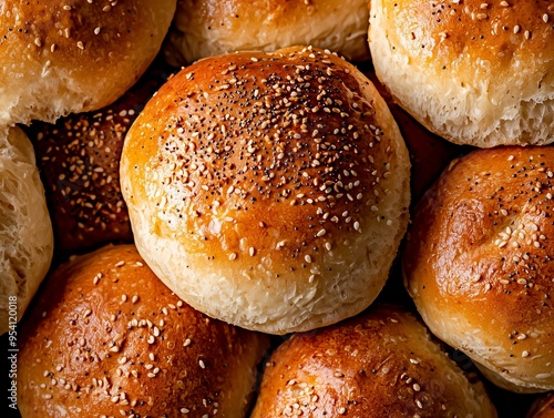 A Pile of Golden Hamburger Buns with Sesame Seeds, Perfect for Homemade Burgers, Grilled Sandwiches, and Barbecue Events, Freshly Baked and Fluffy for All Occasions photo