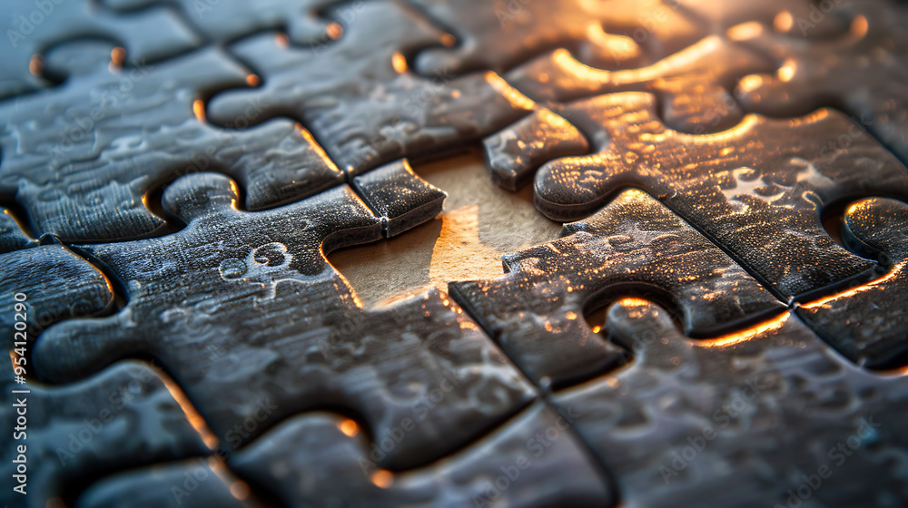 The image shows a nearly complete jigsaw puzzle with one piece missing in the center. The surrounding pieces clearly define the shape of the missing piece The image shows a nearly complete jigsaw puzzle with one piece missing in the center. The surrounding pieces clearly define the shape of the missing piece