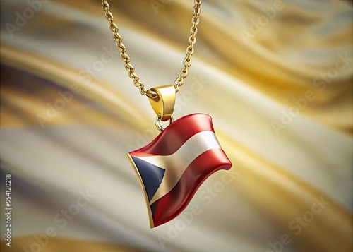 Golden pendant featuring a waving national flag design, suspended from a delicate chain, against a soft focus blurred background with subtle gradient effect. photo