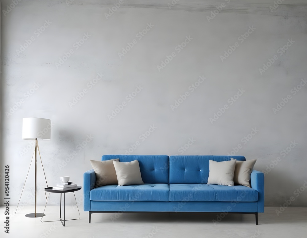 Modern living room with blue sofa, floor lamp, and potted plant in minimalistic design natural light