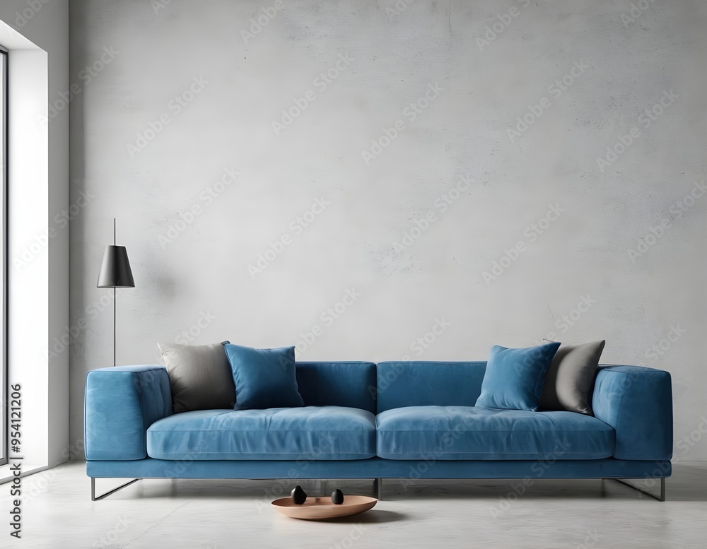 Modern living room with blue sofa, floor lamp, and potted plant in minimalistic design natural light Modern living room with blue sofa, floor lamp, and potted plant in minimalistic design natural light