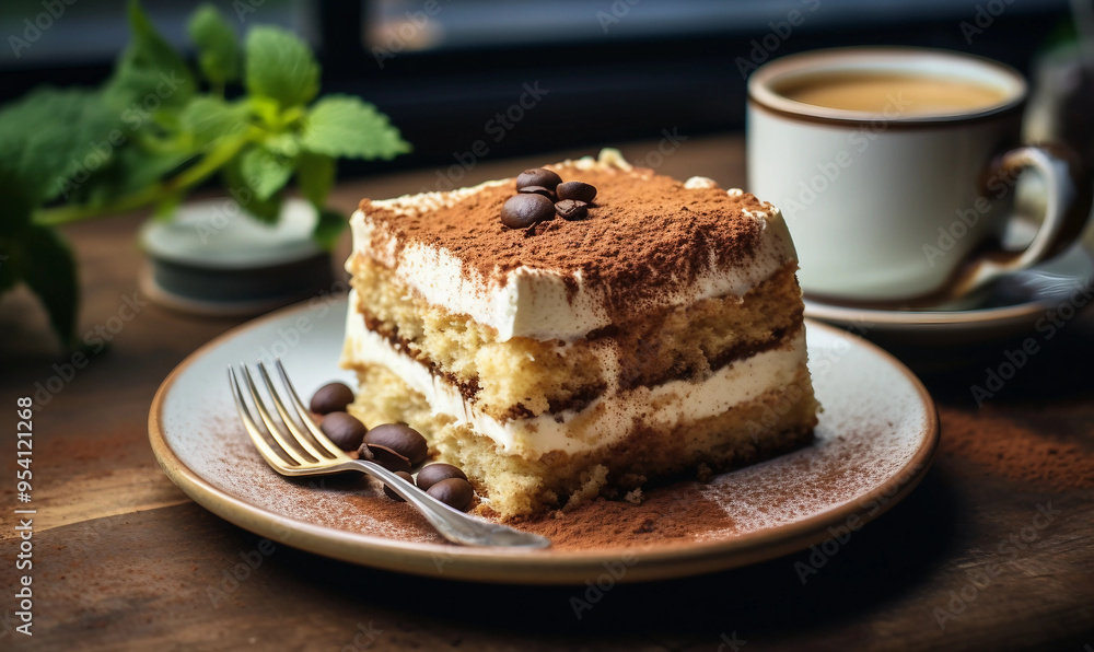 Slice of Tiramisu with a Cup of Coffee on the Side Slice of Tiramisu with a Cup of Coffee on the Side