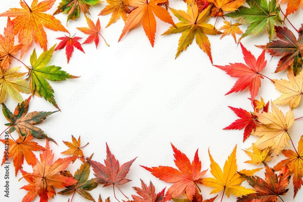 Autumn Maple Leaves Flat Lay White Background created with Generative AI Autumn Maple Leaves Flat Lay White Background created with Generative AI